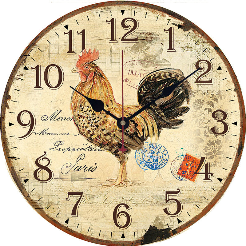 Retro Style Rooster Wall Clock Mute Living